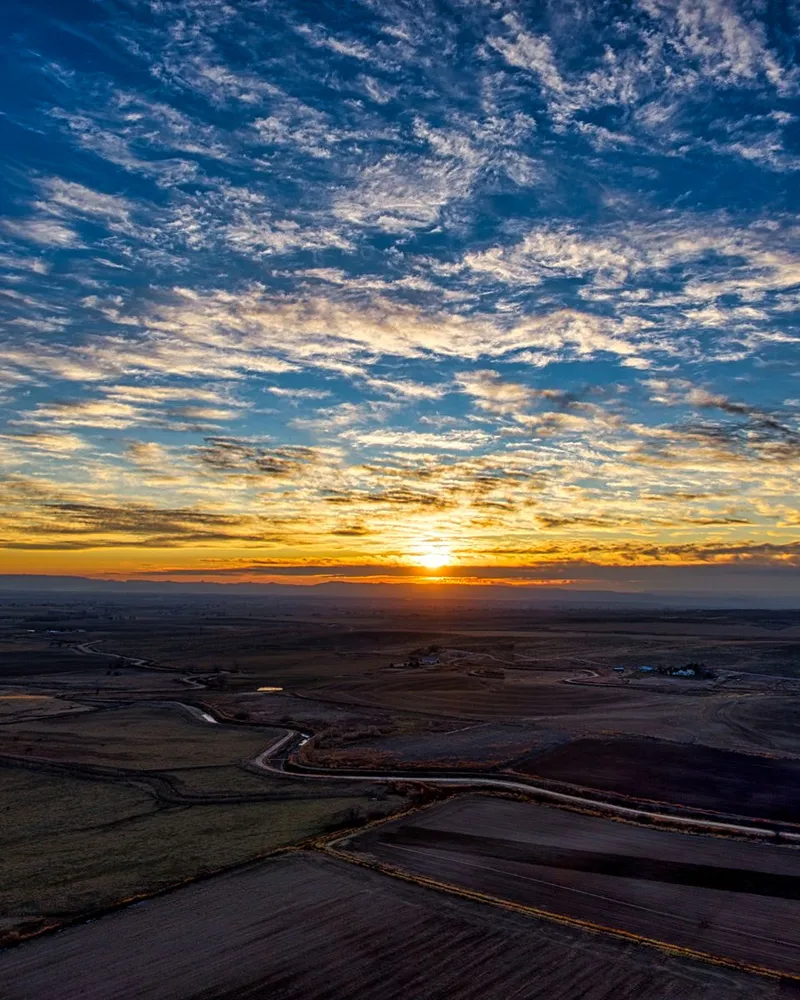 Aerial view of fields near Caldwell, Idaho, at sunset